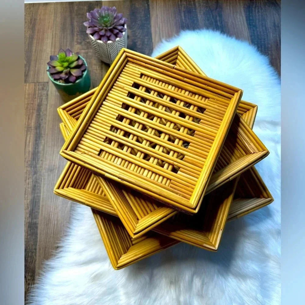 1970s Square Bamboo Stacking Baskets